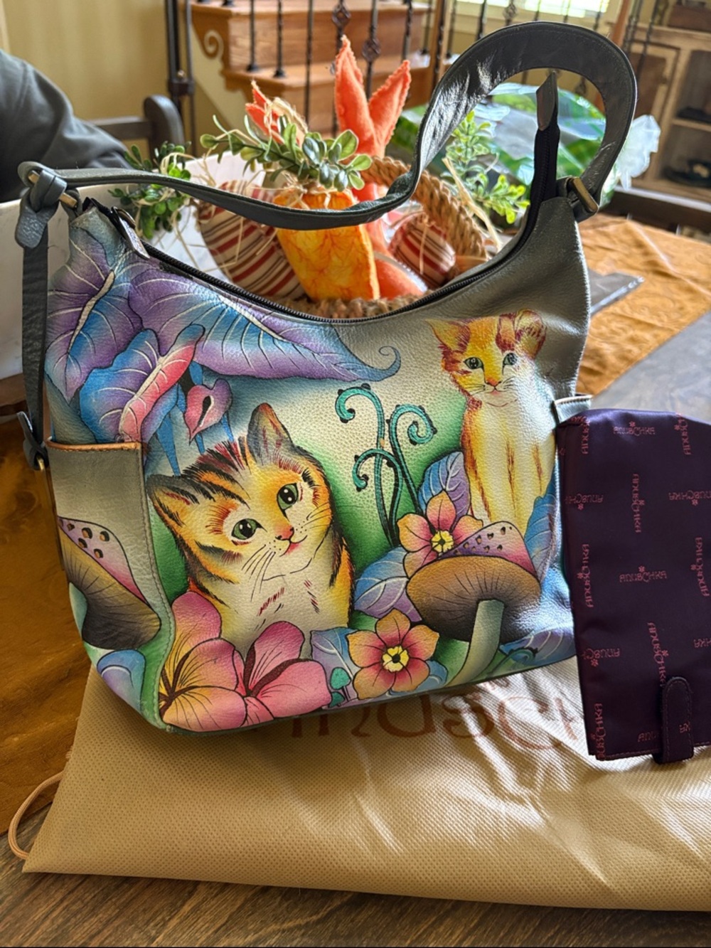 Anuschka Hand-Painted Cat Garden Shoulder Bag